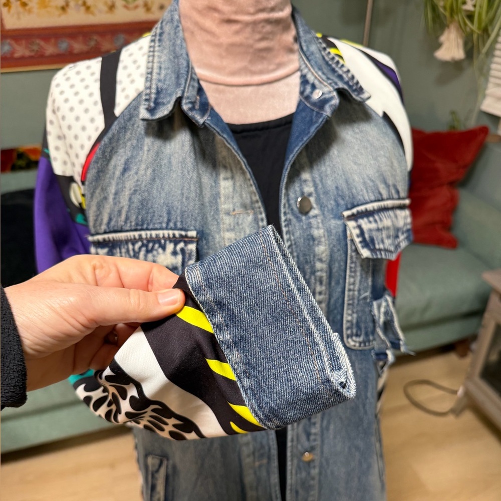 For Her NYC denim colorful cartoon long Jean Jacket L/XL - Picture 5 of 10